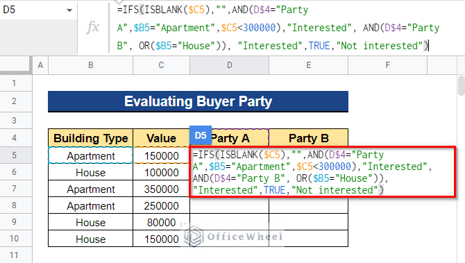 Using Combination of IFS, ISBLANK and AND Functions in Google Sheets